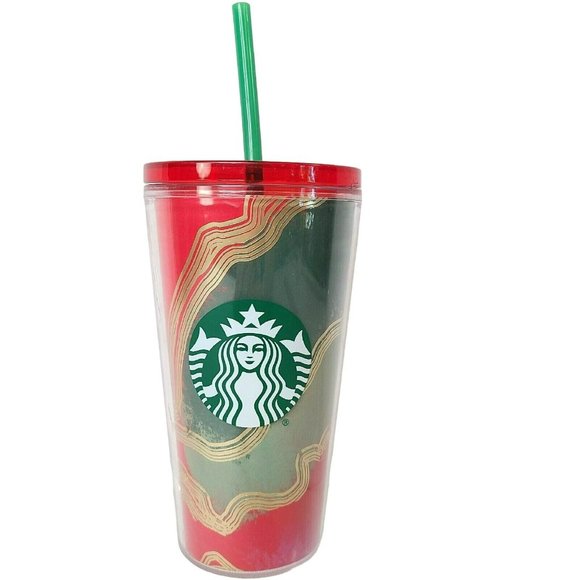 STARBUCKS 2021 Golden Ribbon Holiday Marble 16oz. Cold Cup Tumbler w Straw - Picture 1 of 10